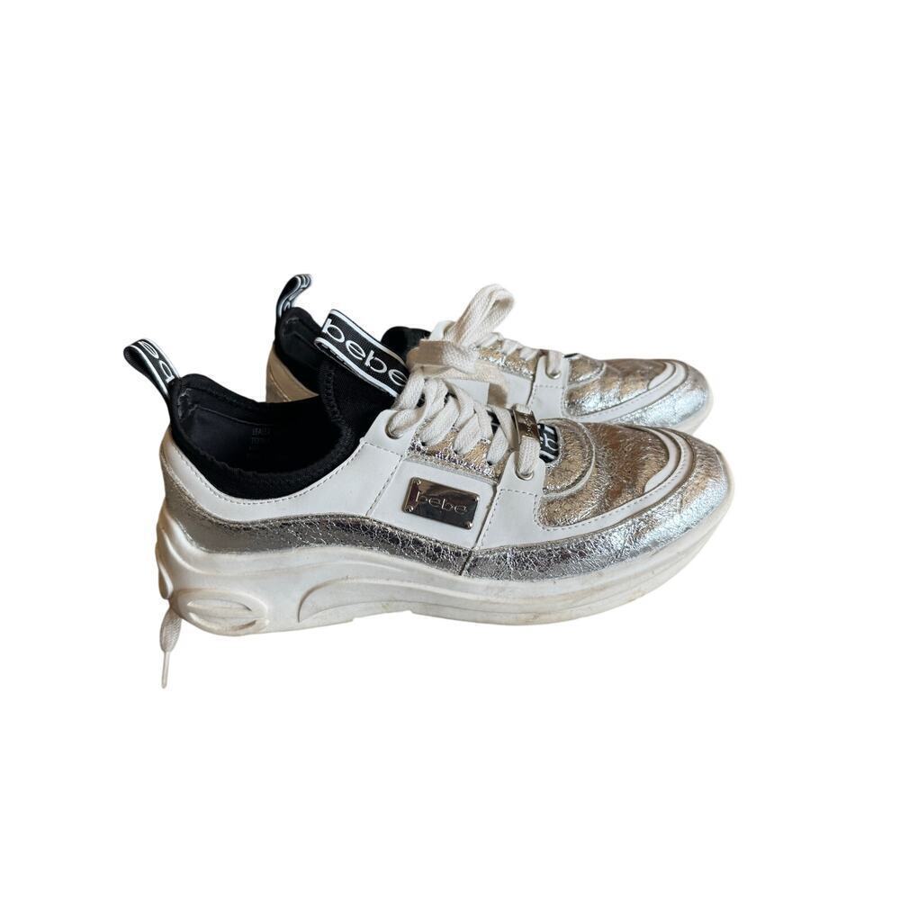Bebe Lealea Women’s Sneakers Size 8.5 White Silver Fashion Shoes Lace Up